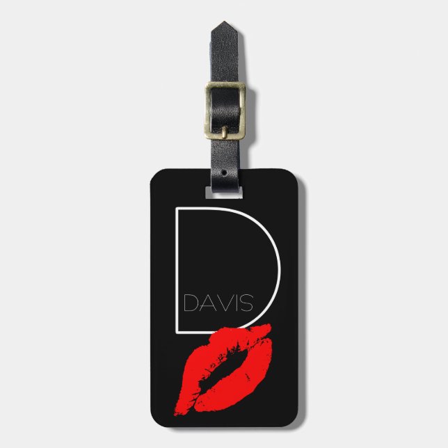 Custom Kiss Lips Black Red Lipstick Davis Monogram Gepäckanhänger (Vorderseite vertikal)