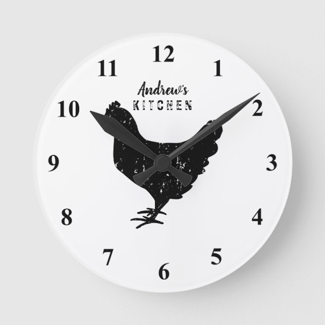 Custom kitchen wall clock with rustic chicken logo runde wanduhr (Vorderseite)