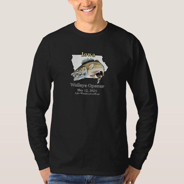 Custom Lake and Date Iowa Walleye Opener Dark T-Shirt (Vorderseite)