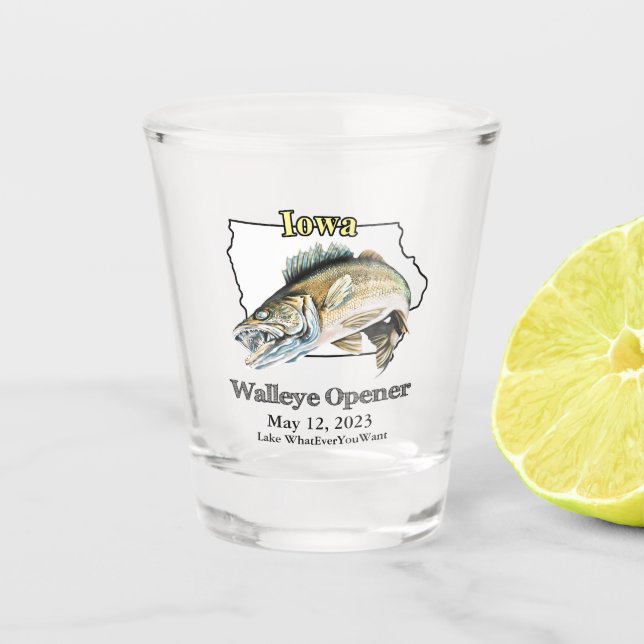 Custom Lake and Date Iowa Walleye Opener Schnapsglas (Vorderseite)