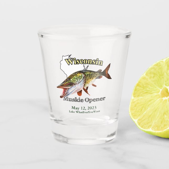 Custom Lake/Date Wisconsin Muskie Opener Schnapsglas (Vorderseite)