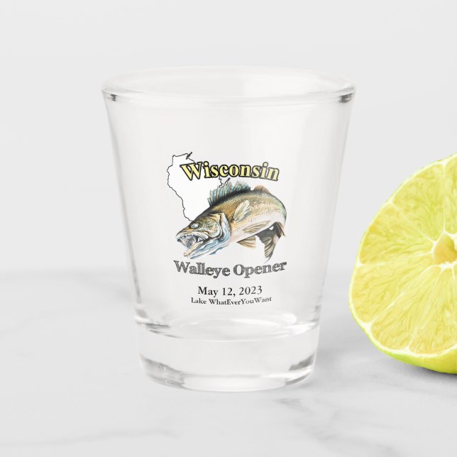 Custom Lake/Date Wisconsin Walleye Opener Schnapsglas (Vorderseite)