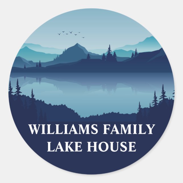 Custom Lake House Zeichne Family Zuhause Blue Runder Aufkleber (Vorderseite)