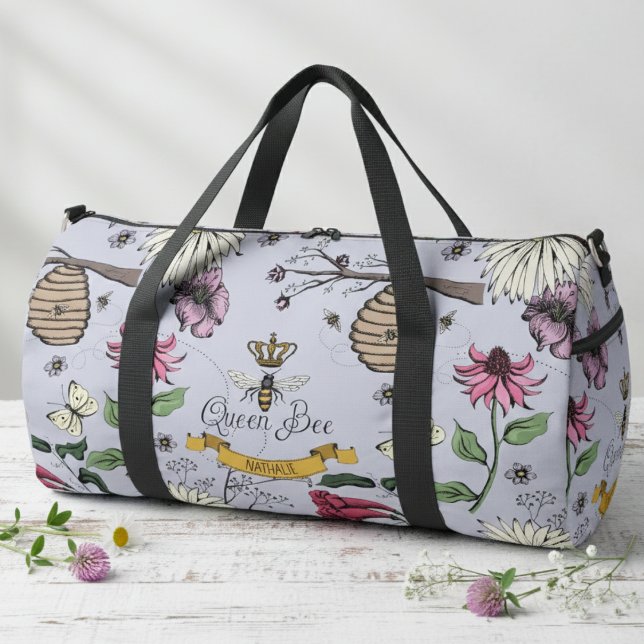 Custom Lavendel, Black & Gold Queen Bee & Crown Duffle Bag (Feminine Floral Queen Bee Duffle Bag for Her. Modern Bees, Honeybees, Beehive Insect Flower Pattern.)