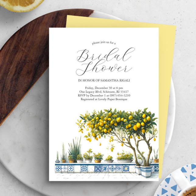 Custom Lemon Bridal Dusche Einladungen (Yellow and blue lemon theme watercolor bridal shower invitations Victoria Grigaliunas DoTellABelle)