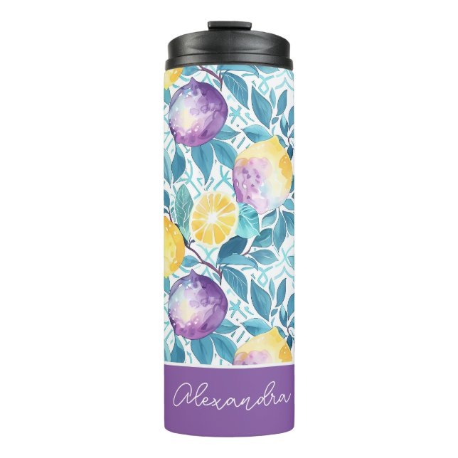 Custom Lemon Pattern Water Bottle with Name Thermosbecher (Vorderseite)