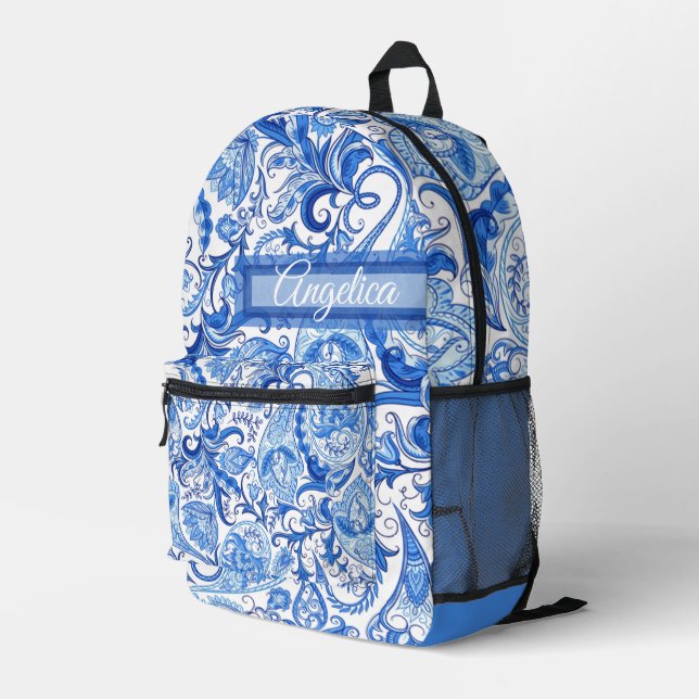 Custom Light Dark Blue White Floral Paisley Art Bedruckter Rucksack (Rückseitige Ecke Rechts)