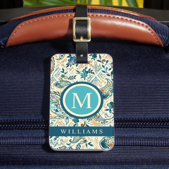 Custom Light Dark Blue White Paisley Muster Gepäckanhänger (Vorderseite Insitu 2)