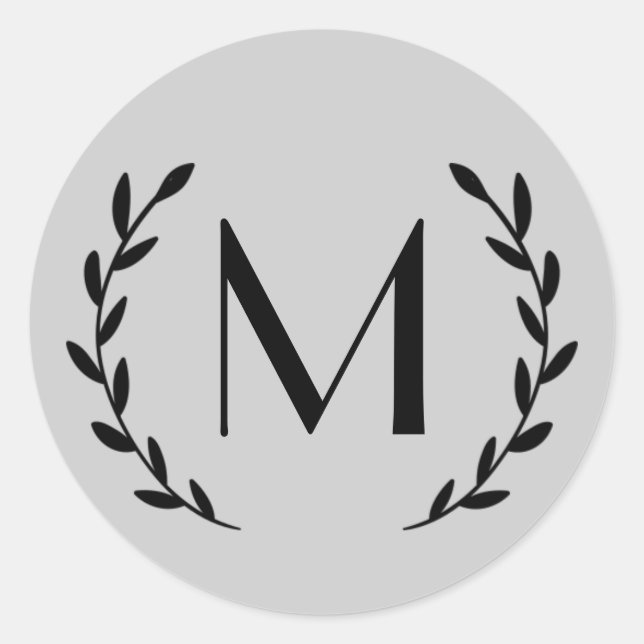 Custom Light Gray Black Laurel Monogram Letter Runder Aufkleber (Vorderseite)