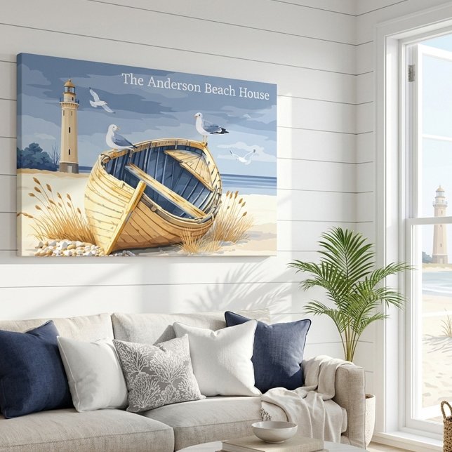 Custom Lighthouse Rowboat Coastal Beach House Leinwanddruck (Summer beach house wrapped canvas featuring a boat on a beach with lighthouse and seagulls)