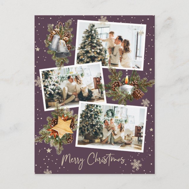 Custom Lila 3 Foto Collage Frohe Weihnachten Postkarte (Vorderseite)