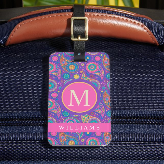 Custom Lila Blue Pink Paisley Pattern Gepäckanhänger (Vorderseite Insitu 2)