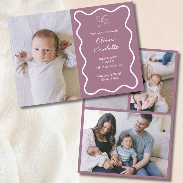 Custom Lila Bow Wavy Boho Collage Baby Birth Ankündigung (Custom Purple Bow Wavy Boho Collage Baby Birth Announcement
)