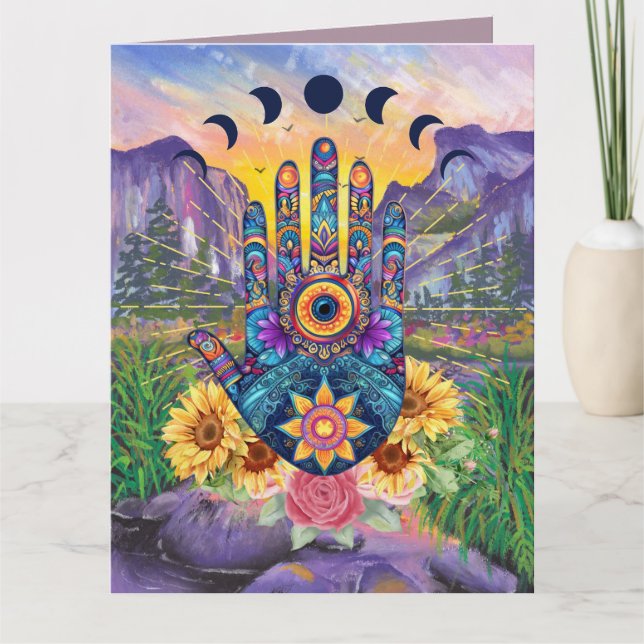 Custom Lila Floral Hamsa Hand Fatima Gruß Karte (Vorderseite)