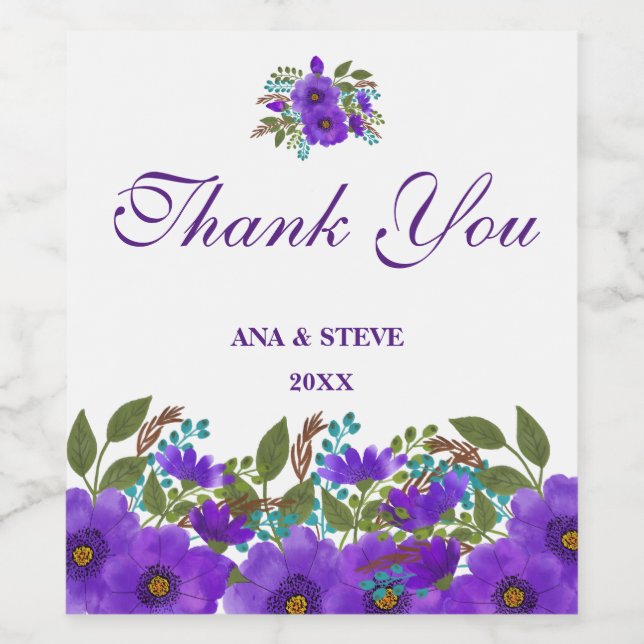 Custom Lila Floral Wedding Vielen Dank Weinetikett (Einzelnes Label)