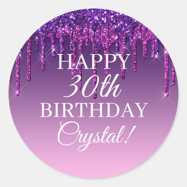 Custom Lila Glitzer Tropfen Happy Birthday Runder Aufkleber (Vorderseite)