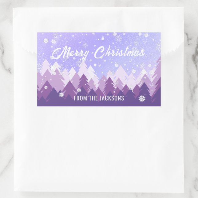 Custom Lila White Snow Friedlich Forest Weihnachte Rechteckiger Aufkleber (Tasche)