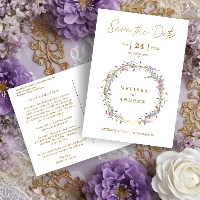 Custom Lilac Elegant Garland Wreath Wedding Ankündigungspostkarte (Custom Lilac Elegant Garland Wreath Wedding Save the Date Postcard.)