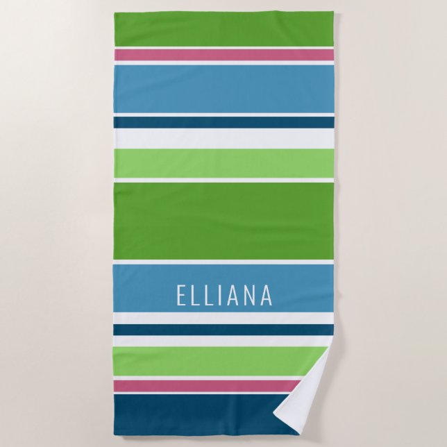 Custom Lime Green Dunkel Blue Hot Pink White Strip Strandtuch (Vorderseite)