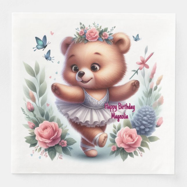 Custom Little Ballerina Bear Birthday Napkins Serviette (Vorderseite)