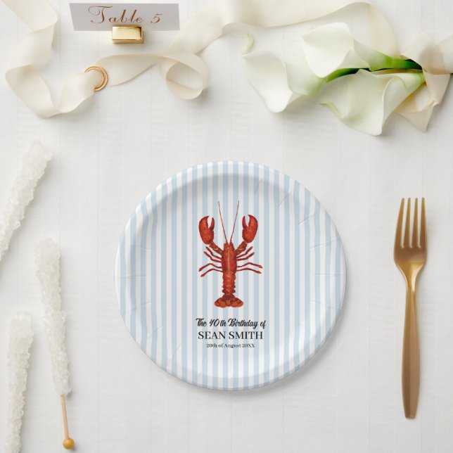 Custom Lobster Boil Nautical Blue Strip Pappteller (Hochzeit)