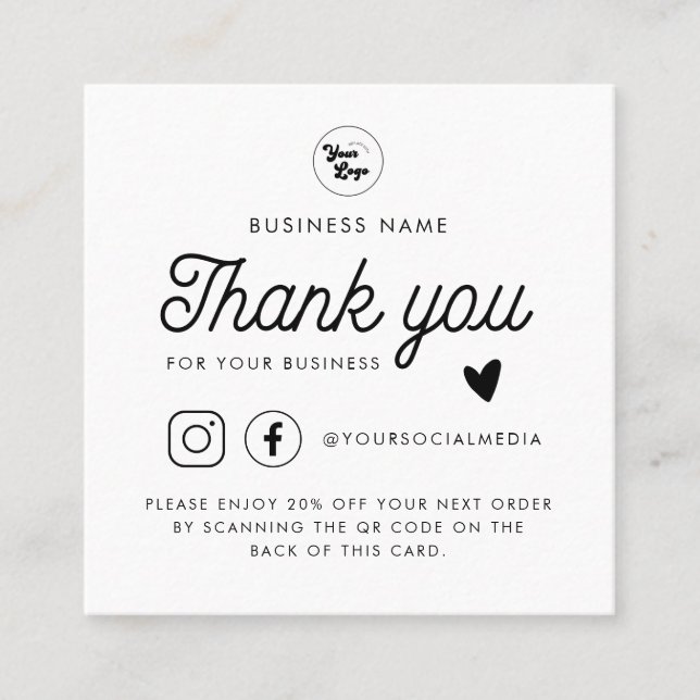 Custom Logo QR Code Social Media Vielen Dank White Rabattkarte (Vorderseite)