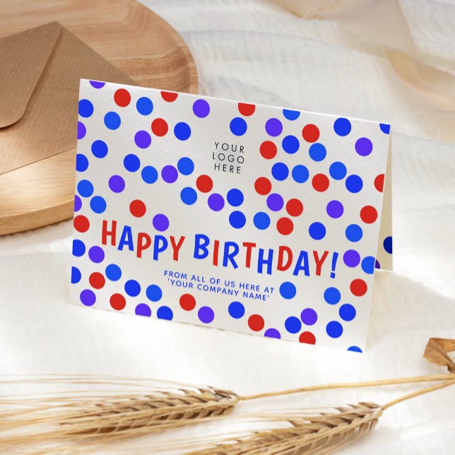 Custom Logo Royal Blue Red Confetti Happy Birthday Karte (Von Creator hochgeladen)