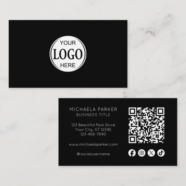 Custom Logo Social Icon QR Code Professional Black Visitenkarte (Vorne/Hinten)