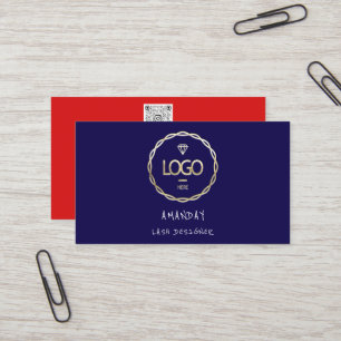 Custom Logo Social Media QR Code Gold Navy Red Visitenkarte