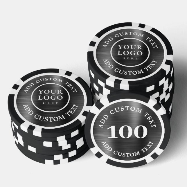 Custom Logo & Text Black Metallic Business Casino Pokerchips (Stapel)