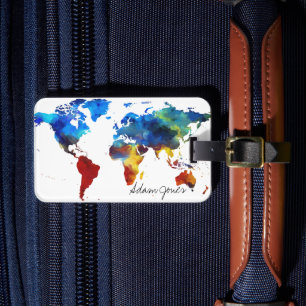 Custom Luggage Tag - Watercolor World Map Gepäckanhänger