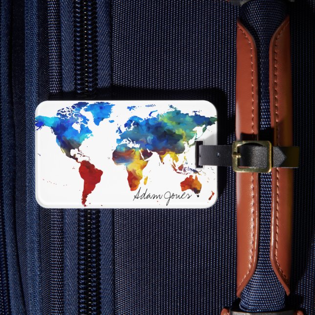 Custom Luggage Tag - Watercolor World Map Gepäckanhänger (Vorderseite Insitu 4)