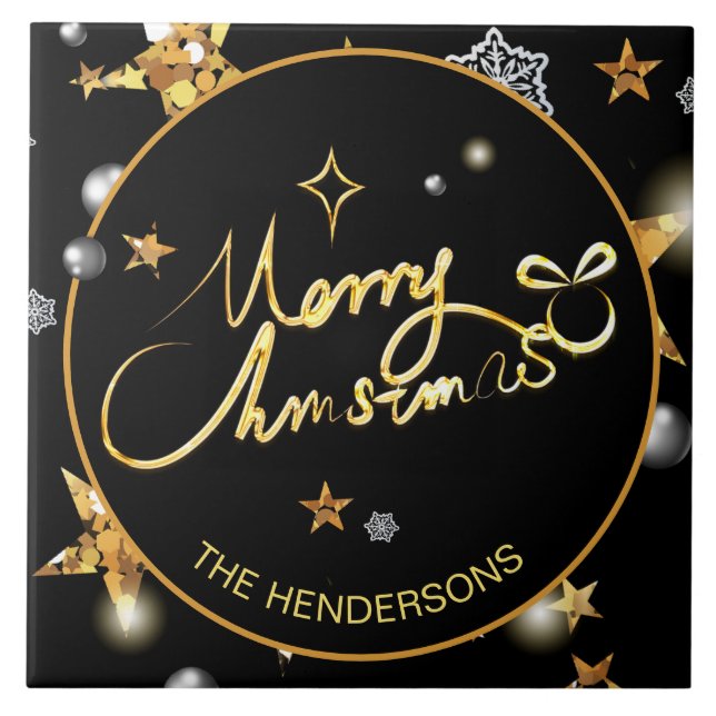 Custom Luxury Gold Black Metallic Stars Xmas Fliese (Vorderseite)