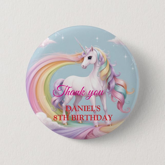 Custom Magical Unicorn Rainbow Birthday Party Button (Vorderseite)