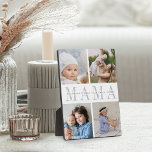 Custom Mama Mother's Day Kids 4 Foto Collage Fotoplatte<br><div class="desc">Mit dieser vier Foto-Collage-Plakette kreieren Sie ein süßes Geschenk für eine geliebte Mutter. "MAMA" erscheint in der Mitte in schick-grau Schrift,  mit Ihrer benutzerdefinierten Nachricht und Kindernamen überlagert.</div>