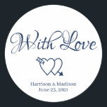 Custom marineblaue Herzen Hochzeitsgeschenk Gunst  Runder Aufkleber<br><div class="desc">Eigener Herztext,  Name Hochzeitsgeschenk für Tagkleber mit Liebe Navy blau und weiß</div>