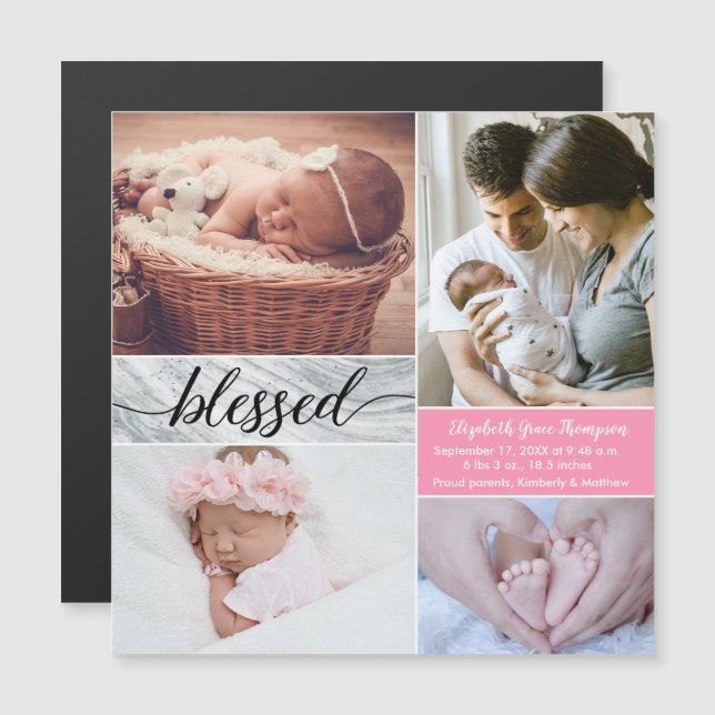 Custom Marmor Pink gesegnete Foto Collage Baby Gir Magneteinladung (Vorne/Hinten)
