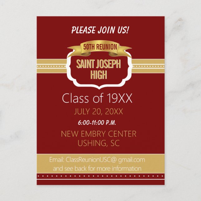 Custom Maroon 50th Class Reunion Invite Postkarte (Vorderseite)