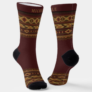 Custom Maroon Red Gold Yellow Aztec Muster Socken