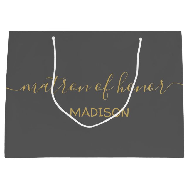 Custom Matron of Ehrenname Girly Gold Script Gray Große Geschenktüte (Vorderseite)