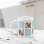 Custom Mema Großmutter 5 Foto Collage Kaffeetasse<br><div class="desc">Mit diesem einfachen Design, das fünf Ihrer Lieblings-Instagram-Fotos umfasst, erstellen Sie einen Sake für Oma, der in einer Collage mit abwechselnden Quadraten in pastellfarbenem Minzgrün angeordnet ist und "Mema" mit einem Herzstück auf dem letzten Platz ausdrückt. Personalisieren Sie Ihre Enkelkinder mit den Fotos ihrer Lieblingskinder für ein wertvolles Geschenk für...</div>