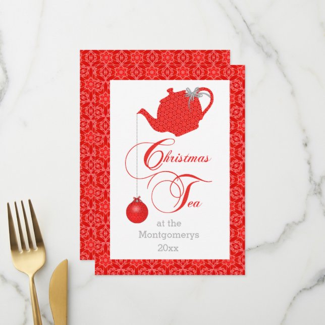 Custom Menu Red Lace Christmas Tee Party Menükarte (Vorderseite/Rückseite Beispiel)