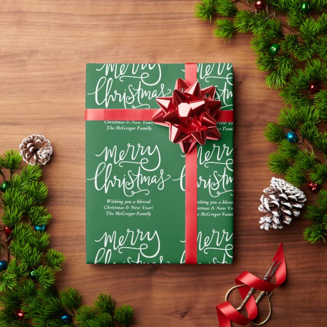 Custom Mercury Christmas Green & White Family Name Geschenkpapier (Feiertagsgeschenk)