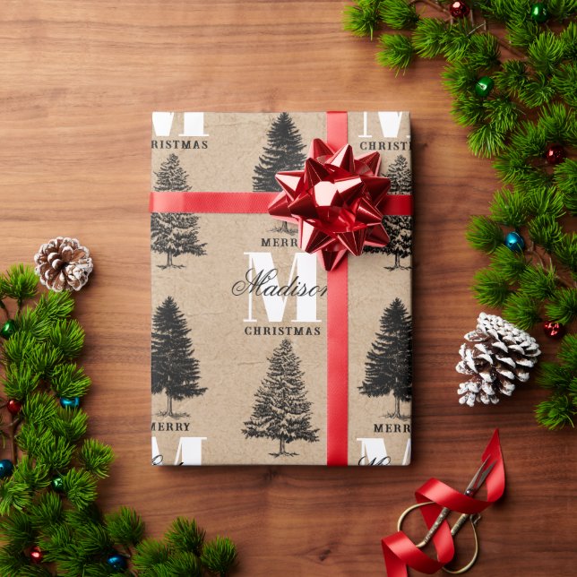 Custom Mercury Christmas Kraft Vintag Monogram Geschenkpapier (Feiertagsgeschenk)