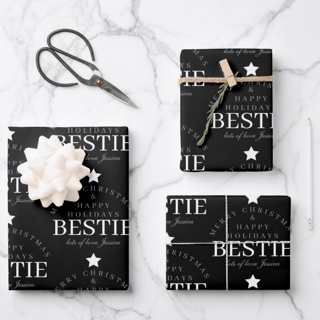 Custom Mercury Christmas Monogram Best Friend Blac Geschenkpapier Set (Vorderseite)