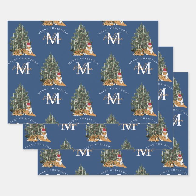 Custom Mercury Christmas Monogram Tiger & Tree Blu Geschenkpapier Set (Set)
