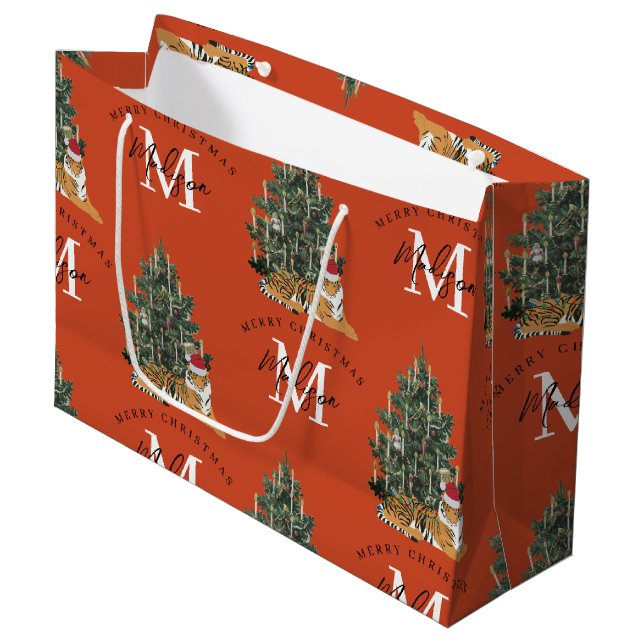 Custom Mercury Christmas Monogram Tiger & Tree Red Große Geschenktüte (Vorderseite Schrägansicht)