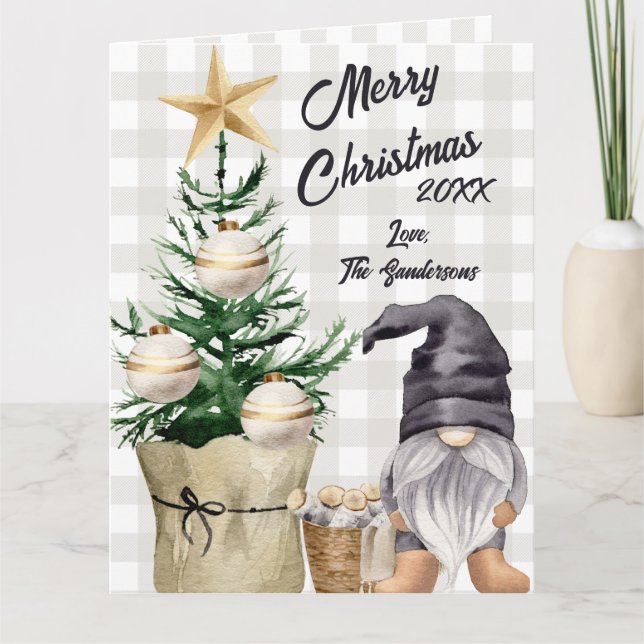Custom Mercury Christmas Watercolor Gnome Kariert Karte (Vorderseite)