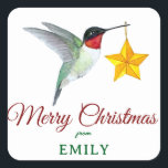 Custom Merit Christmas Hummingbird Square Sticker<br><div class="desc">Individuell gemütlicher Weihnachtsaufkleber mit einem rubingekämmten Kolibri mit Sternschmuck. Fügen Sie einfach Ihren Namen hinzu. Der Stil und die Größe des Schriftartes können Sie ändern,  indem Sie auf "Bearbeiten mit dem Designwerkzeug" klicken.</div>