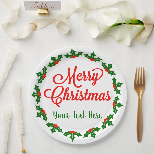 Custom Merry Christmas Holly Berry Pappteller (Hochzeit)